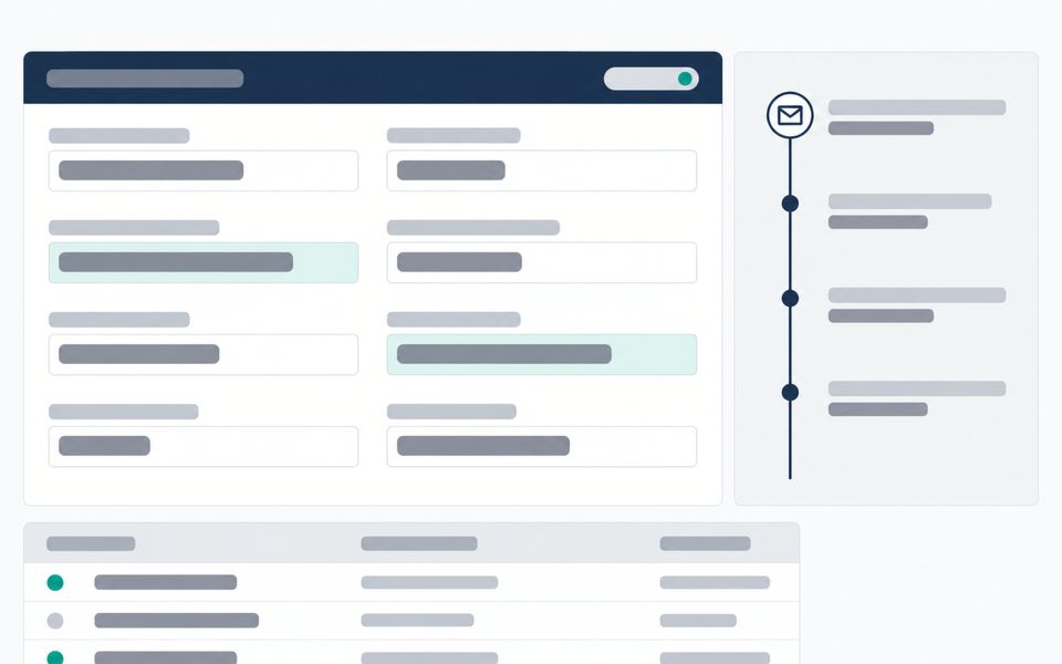 Карточка заявки в CRM: поля заполнены из письма клиента, автоматические значения подсвечены, справа история обращения. Данные вымышлены.